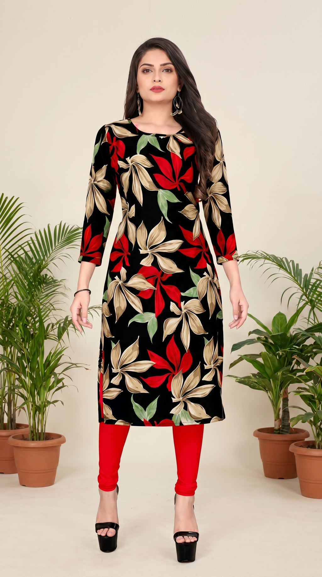 Black Floral Printed Kurti for Women – 3/4 Sleeve Straight Fit Ethnic Kurta