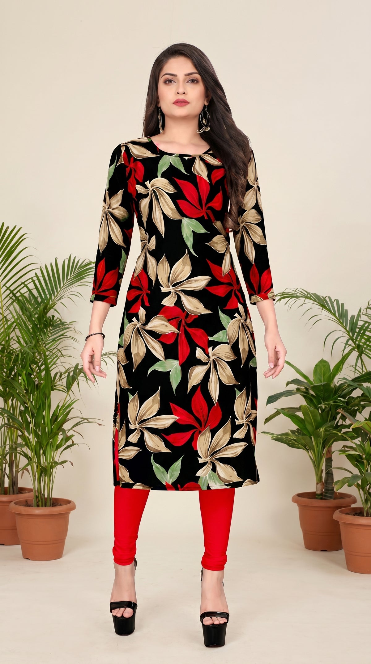 Black Floral Printed Kurti for Women – 3/4 Sleeve Straight Fit Ethnic Kurta