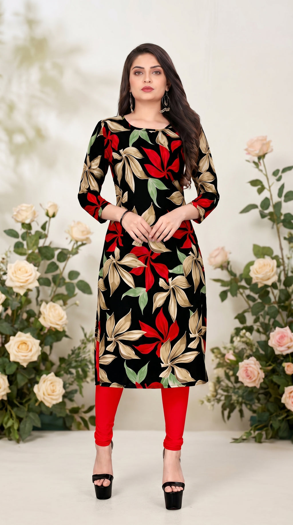 Black Floral Printed Kurti for Women – 3/4 Sleeve Straight Fit Ethnic Kurta