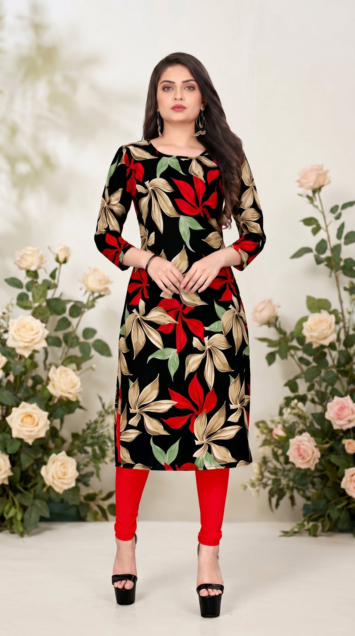 Black Floral Printed Kurti for Women – 3/4 Sleeve Straight Fit Ethnic Kurta