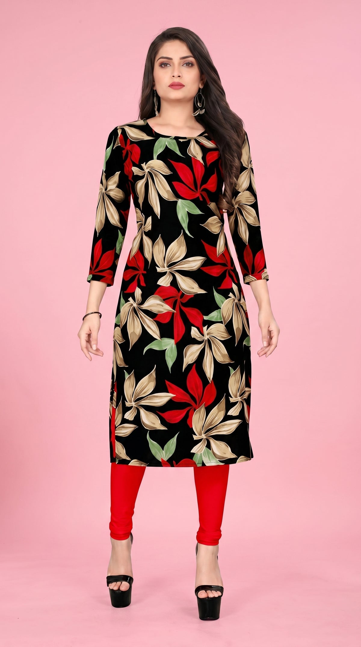 Black Floral Printed Kurti for Women – 3/4 Sleeve Straight Fit Ethnic Kurta