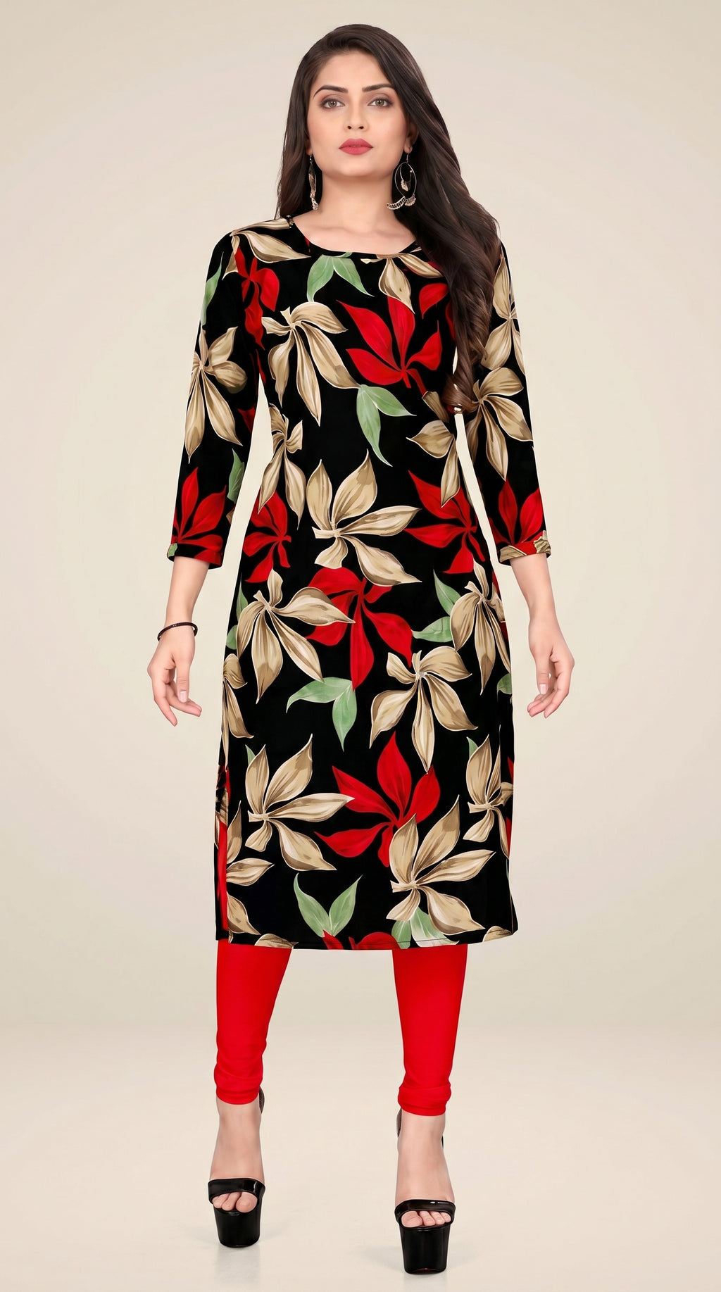 Black Floral Printed Kurti for Women – 3/4 Sleeve Straight Fit Ethnic Kurta