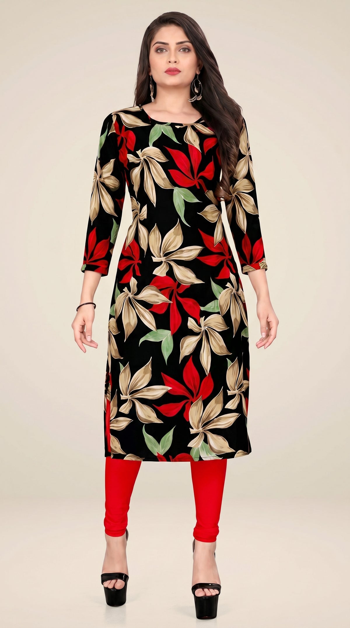 Black Floral Printed Kurti for Women – 3/4 Sleeve Straight Fit Ethnic Kurta